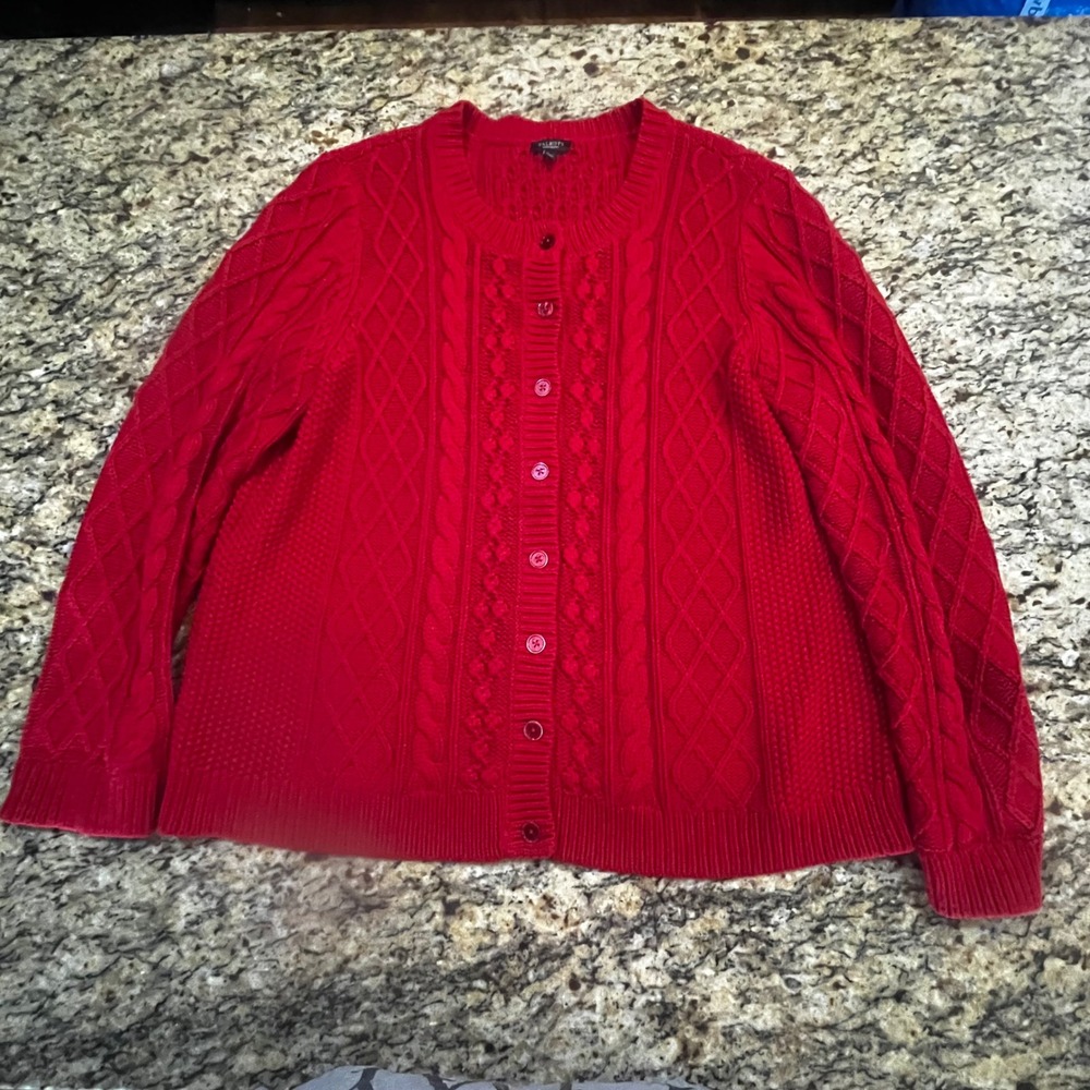 Talbots Woman Petites Red Cable Knit Button Cardigan Sweater 2XP Cotton Wool‎